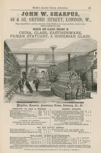 Advertentie voor John W Sharpus, moderne en klassieke ontwerpen in porselein, glas, aardewerk, parian beeldhouwwerk en Boheems glas door English School