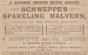 Advertentie voor Schweppes Sparkling Malvern, gebotteld bij de bronnen, Malvern door English School