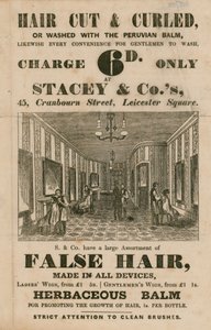 Advertentie voor Stacey & Co., 45 Cranbourne Street, Leicester Square, Londen, kappers door English School