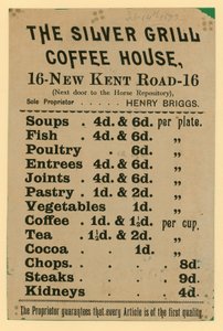 Advertentie voor The Silver Grill Coffee House, 16 New Kent Road, Londen door English School
