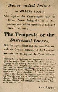 Advertentie voor The Tempest; of, The Distressed Lovers, uitgevoerd bij Millers Booth, Cross Daggers, nabij de Crown Tavern door English School