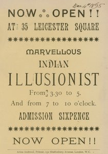 Advertentie voor een Indiase illusionist die optreedt op 35 Leicester Square, Londen
