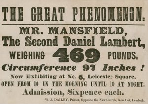 Advertentie voor een optreden van Mr. Mansfield, een tweede Daniel Lambert, met een gewicht van 469 pond door English School