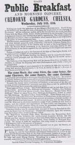 Advertentie voor groot openbaar ontbijt en ochtendconcert, Cremorne Gardens, Chelsea