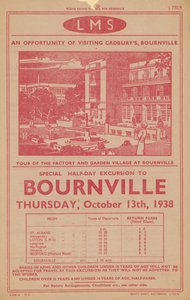 Advertentie voor spoorwegreis naar Cadburys fabriek en tuindorp in Bournville