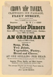 Advertentie voor de Crown Tavern, Cliffords Inn Passage, Fleet Street, Londen door English School