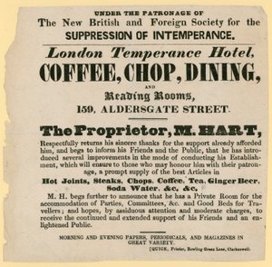 Advertentie voor het London Temperance Hotel, onder de bescherming van de New British and Foreign Society for the Suppression of Intemperance door English School