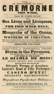 Advertentie voor het optreden van zeeleeuwen en leeuwinnen in Cremorne Gardens, Londen in 1848 door English School
