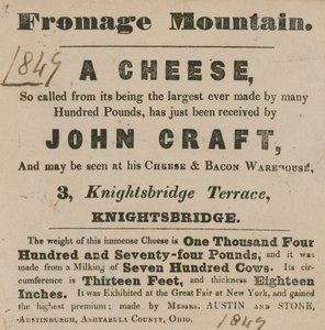 Advertentie voor de tentoonstelling van een kaas bekend als Fromage Mountain door English School