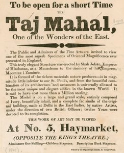 Advertentie voor de tentoonstelling van een model van de Taj Mahal op 5 Haymarket, Londen door English School