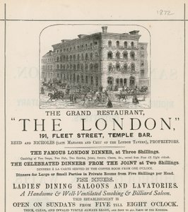 Advertentie voor het grote restaurant The London, 191 Fleet Street, Temple Bar door English School