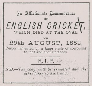 Advertentie uit de Sporting Times in augustus 1882 die het concept van The Ashes introduceerde