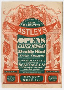 Advertentie voor Astleys Amphitheatre, opening voor het zomerseizoen, 8 april 1833