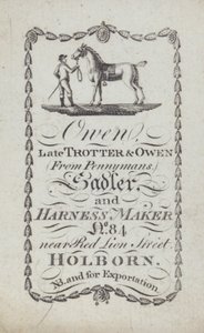 Advertentie voor Owen, zadelmaker en harnasmaker, Londen door English School