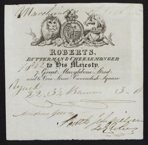 Advertentie voor Roberts, boterhandelaar en kaasverkoper, Londen door English School