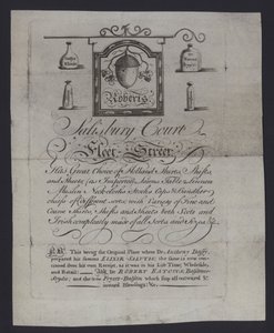 Advertentie voor Roberts, stoffenhandelaren, Salisbury Court, Fleet Street, Londen, waar Dr. Anthony Daffy zijn Elixir Salutis bereidde door English School