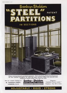 Advertentie voor Sankey-Sheldon stalen scheidingswanden, 1937 door English School