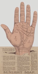Advertentie voor Sunlight-zeep met de lijnen en kenmerken van een hand die een handlezer in staat stellen iemands toekomst te voorspellen door English School