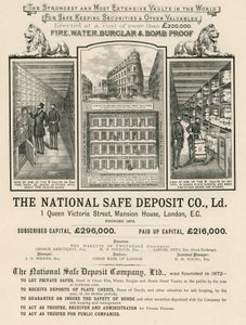 Advertentie voor de National Safe Deposit Company, 1 Queen Victoria Street, Mansion House, Londen