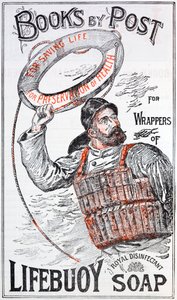 Advertentie voor boeken per post in ruil voor het verzamelen van wikkels van Lifebuoy zeep