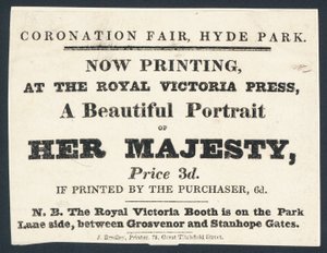 Advertentie voor gedrukte portretten van Koningin Victoria door English School