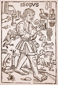 Aesopus, frontispice van Aesops Fabels door William Caxton, 1434