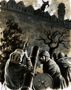 Akbar, koning van Hindustan, riep om een musket en schoot Jaimal, de commandant van het fort, dood door English School