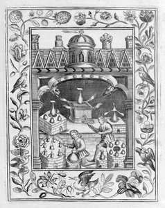 Alchemisch laboratorium met verschillende soorten ovens en vaten, uit Theatrum Chemicum Britannicum door Elias Ashmole, 1652 door English School