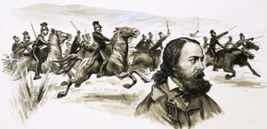 Alfred Tennyson met de Charge of the Light Brigade op de achtergrond
