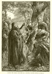 Alfred de Grote, vermomd als harpspeler, speelt voor Guthrum