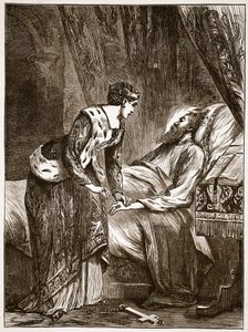 Alice Perrers aan het sterfbed van Edward III, illustratie uit Cassells Geïllustreerde Geschiedenis van Engeland door English School