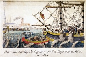 Amerikanen gooien de ladingen van de theeschepen in de rivier, in Boston, uit Geschiedenis van Noord-Amerika, uitgegeven in Londen door English School