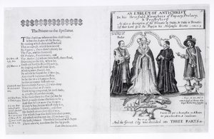 Een embleem van de Antichrist in zijn drievoudige hiërarchieën van het pausdom, prelatuur en presbyteriaat, 1649 door English School