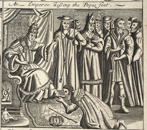 Een keizer die de voeten van de paus kust, illustratie uit Handelingen en Monumenten van John Foxe, negende editie, uitgegeven 1684 door English School