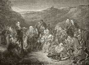 Een openluchtbijeenkomst van Schotse Covenanters, uit 