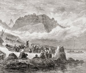 Een openluchtdienst op het eiland Skye, Binnen-Hebriden, uit 