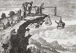 Een ongebruikelijke methode om bekentenissen af te dwingen van criminelen, naar een 16e-eeuwse tekening van Theodorus de Bry. De scène toont de crimineel zittend in de weegschaal van onrechtvaardigheid terwijl een priester over de afgrond leunt klaar om zi door English School
