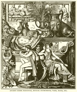 Oud-Griekse meubels, muziekinstrumenten, vazen, maskers, enz. (gravure) door English School
