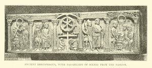 Oude sarcofaag met bas-reliëfs van scènes uit de Passie door English School