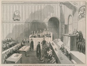 Oude ceremonie van het hakken van stokken en tellen van hoefijzers en spijkers in de Court of Excise
