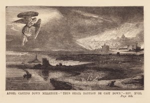 Engel die een molensteen in zee werpt (gravure)