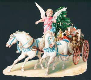 Engel te paard bezorgt cadeaus, kerstkaart door English School