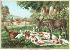 Dieren eten de picknick, kerstkaart door English School