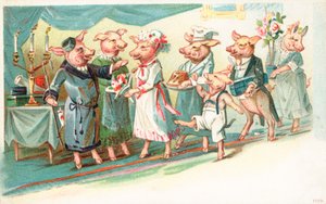 Antropomorfe varkens die worden begroet bij aankomst op een feest