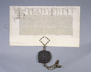 Archief 11980: Oorkonde die de schenking door koning Hendrik VI aan New College Oxford van de landgoederen van Newton Longville vastlegt, 1441 (inkt op perkament) door English School