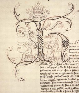 Versierde initiaal H van koninklijk charter waarin de schenking door koning Hendrik VI aan New College Oxford van de landgoederen van Newton Longville wordt vastgelegd door English School