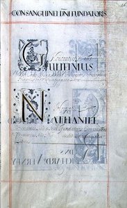 Archief 3693 f.46 Pagina met drie weldoeners van New College, Oxford: Gulielmus, Nathaniel, uit een Benefactieboek door English School