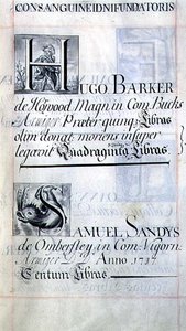 Pagina met twee weldoeners van New College, Oxford; Hugo Barker en Samuel Sandys, uit een weldoenersboek door English School