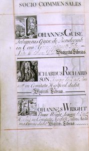 Archief 3693 f.60v Pagina met drie weldoeners van New College, Oxford; Johannes Guise, Richardus Richardson en Johannes Wright, uit een Benefaction Book, 16812-84