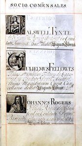 Pagina met drie weldoeners van New College, Oxford; Halswell Tynte, Gulielmus Fellowes en Johannes Rogers, uit een weldoenersboek